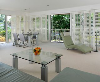 Modern living room plantation shutters